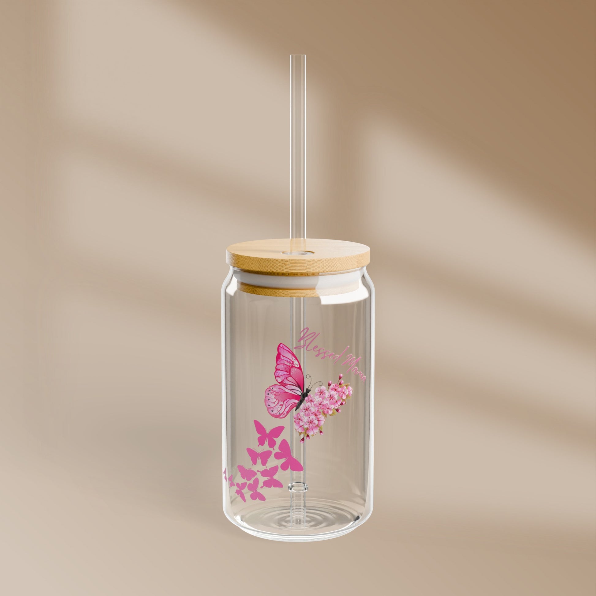 BLESSED Butterfly Mama:  Sparkle and Sip: 16oz Sipper Glass - Durable, Stylish, and BPA Free! Printify