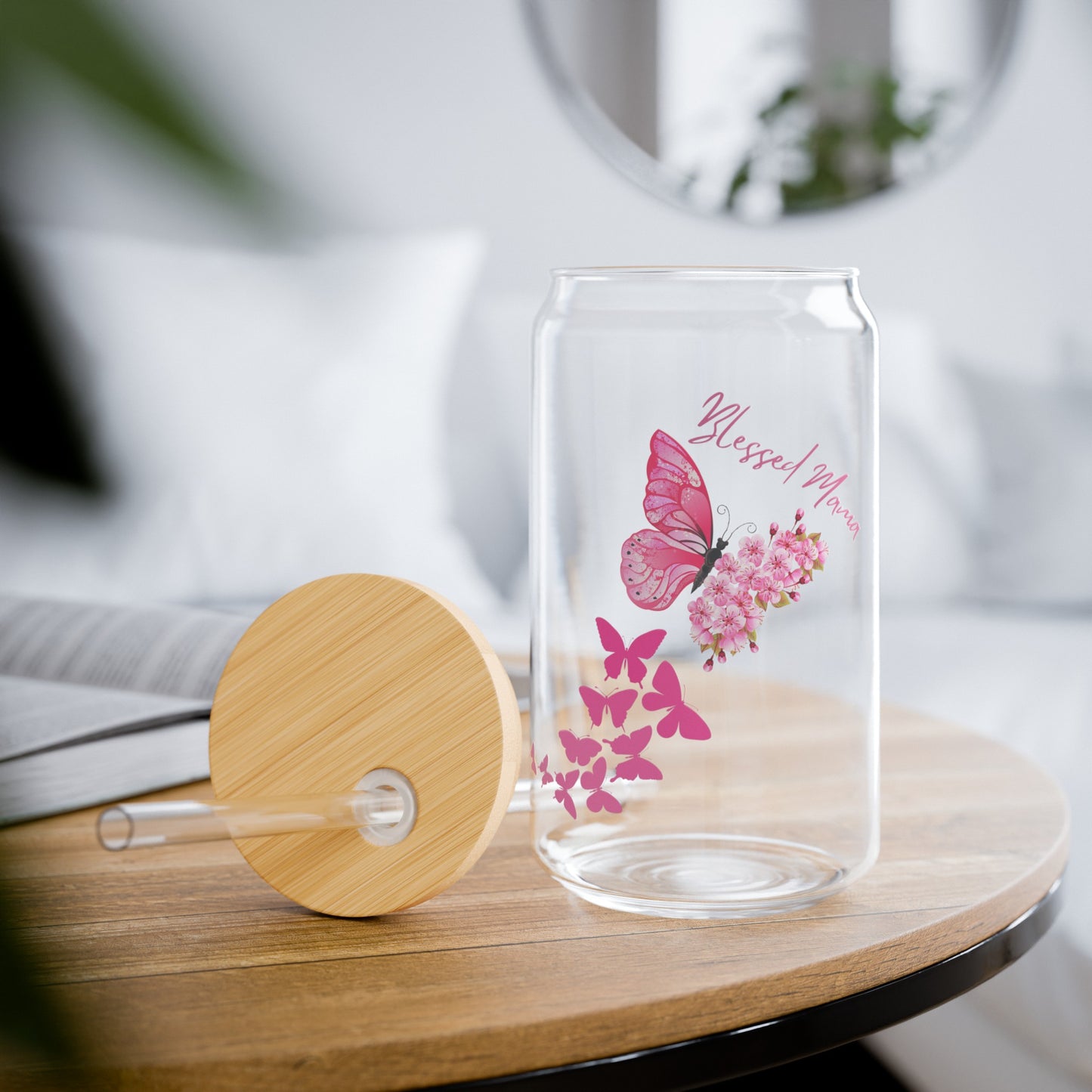 BLESSED Butterfly Mama:  Sparkle and Sip: 16oz Sipper Glass - Durable, Stylish, and BPA Free! Printify