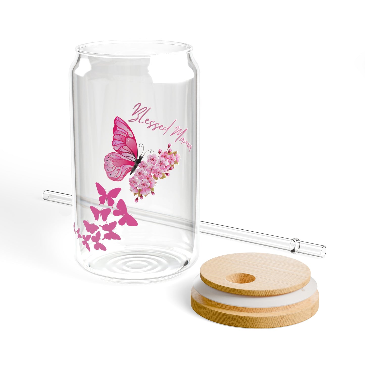 BLESSED Butterfly Mama:  Sparkle and Sip: 16oz Sipper Glass - Durable, Stylish, and BPA Free! Printify